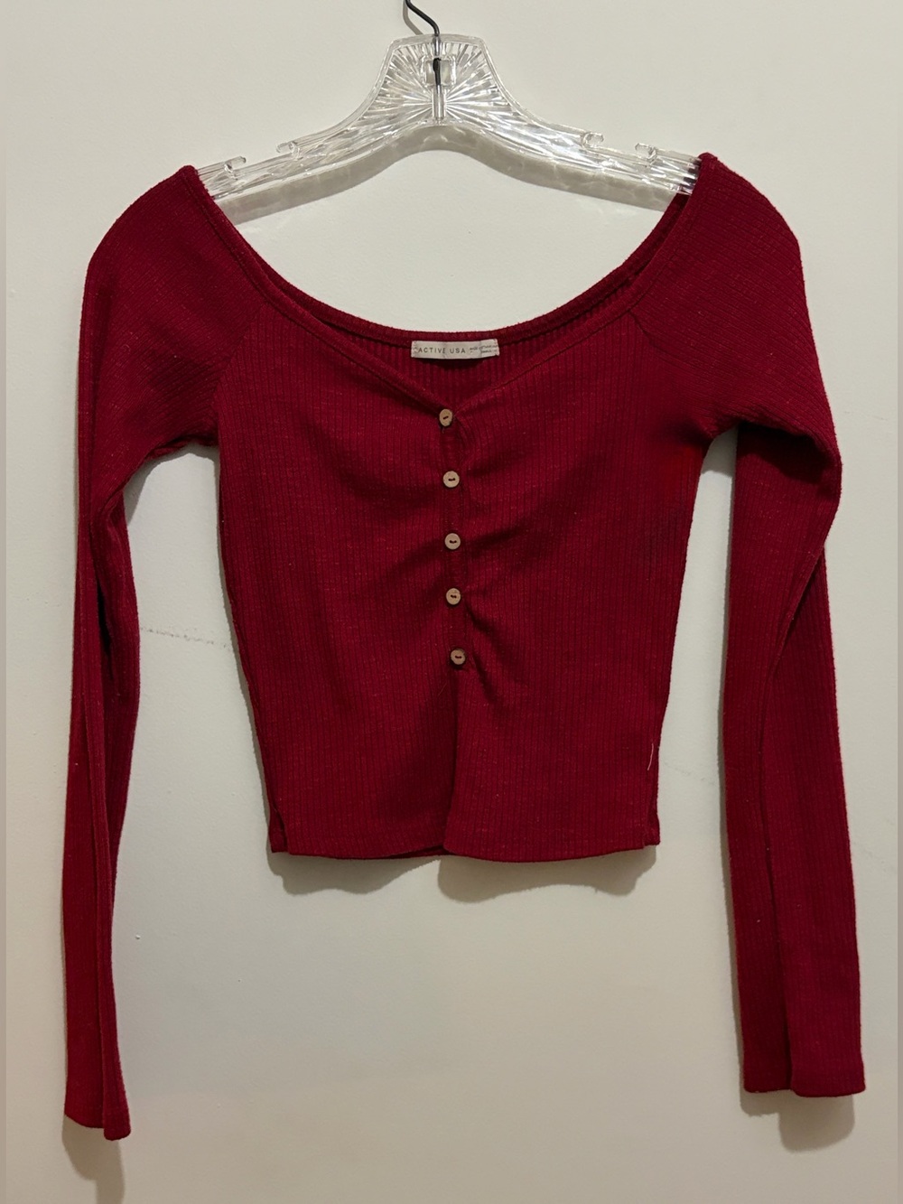 Active USA Burgandy Ribbed Long Sleeve Top Womens Sz Small